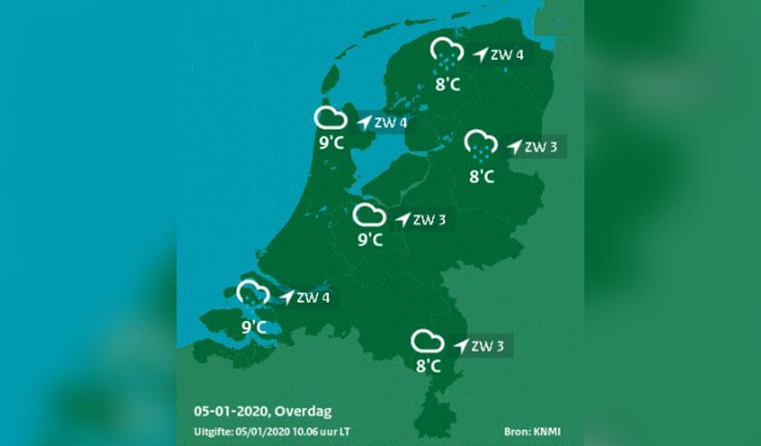De weerkaart van zondag 5 januari 2020.
