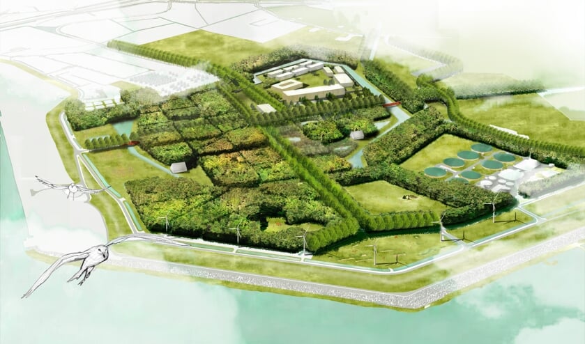 <p>Het ontwerp voor stadslandgoed Nieuwerve, met bovenin het justitieel complex.</p>