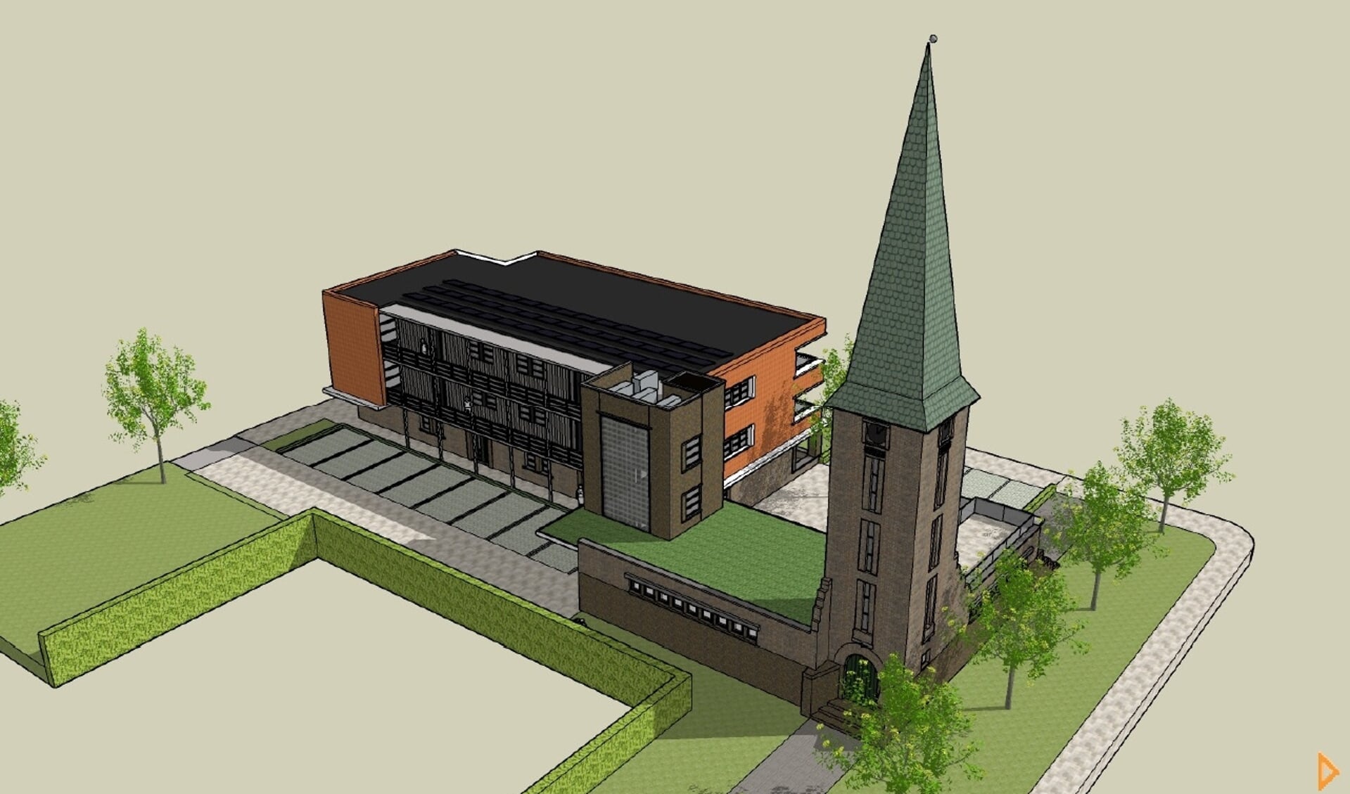 Het ontwerp van de realisatie van de appartementen met behoud van de kerktoren.