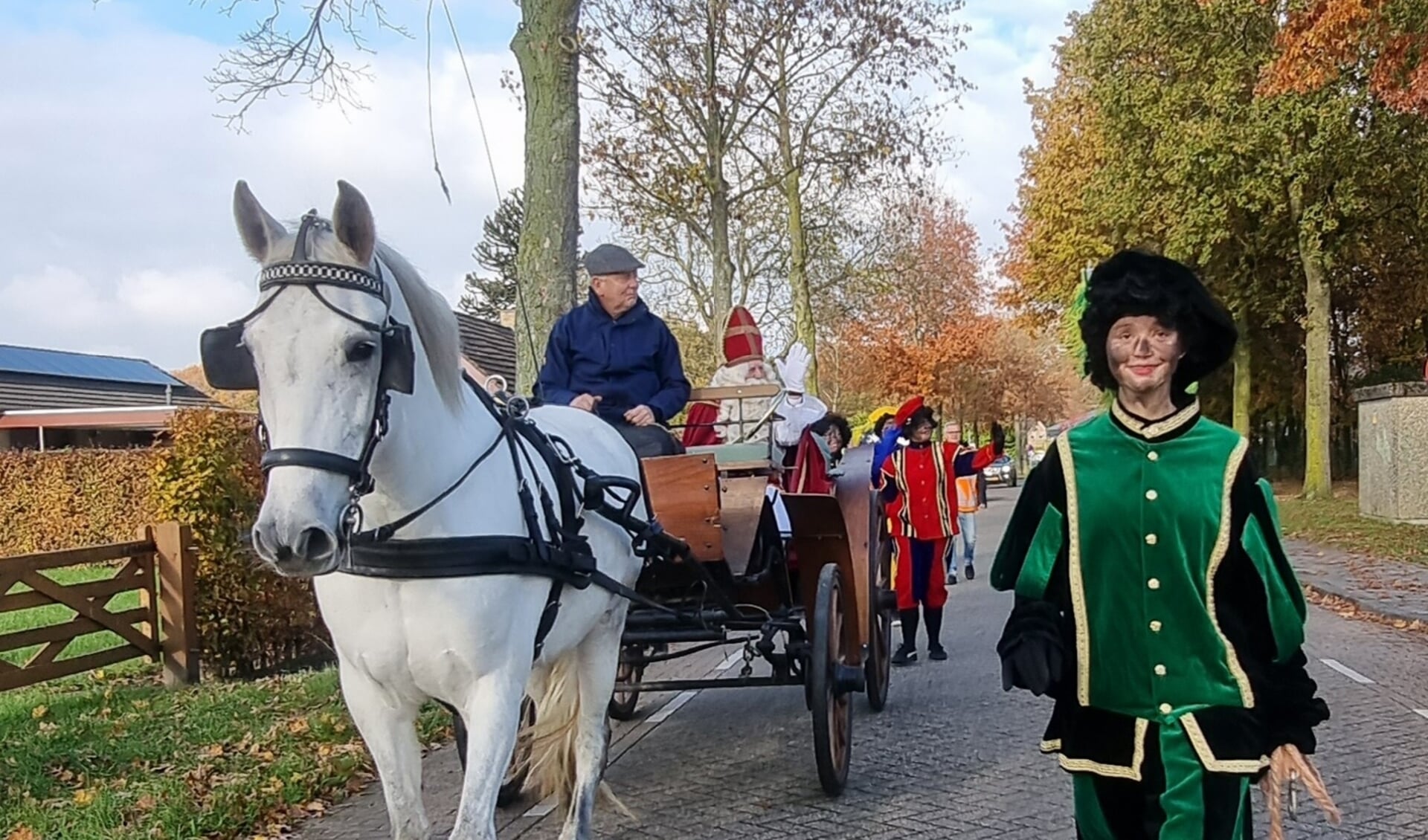 Sinterklaas in zijn rijtuig door de Rijsbergse straten onder begeleiding van Ozosnel en paardenpiet.