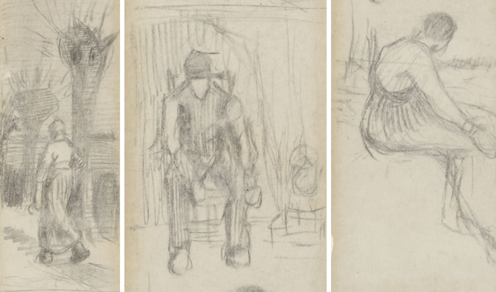 De drie tekeningen van Van Gogh op de boekenlegger.
