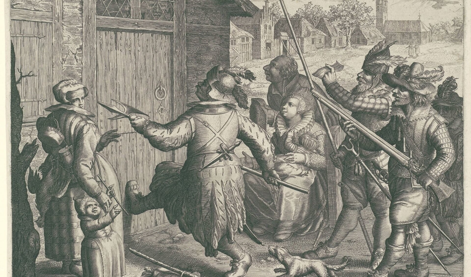 Gewapende Spanjaarden vallen een huis binnen, Boëtius Adamsz. Bolswert, naar David Vinckboons, 1610.