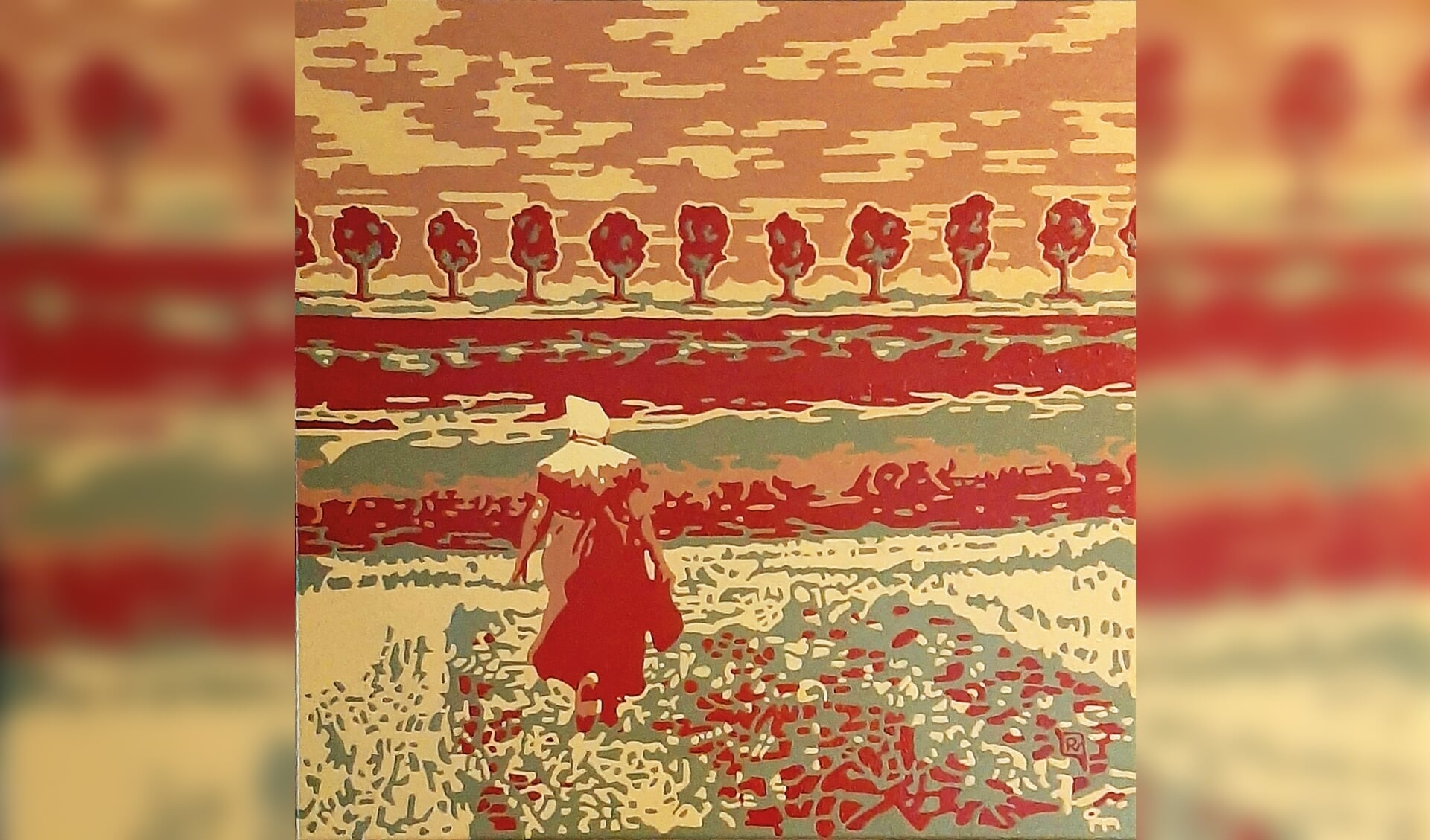 Boerin in de polder, schilderij van Riena Valkhoff.