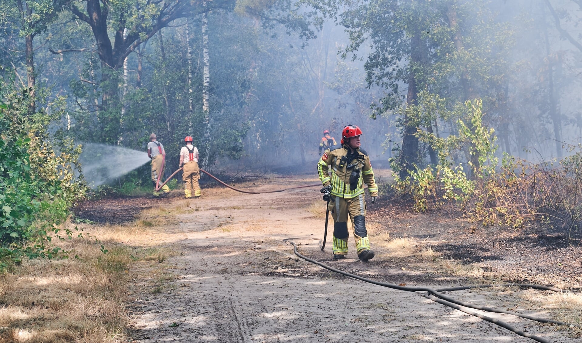 De brandweer blust een heidebrand, foto ter illustratie