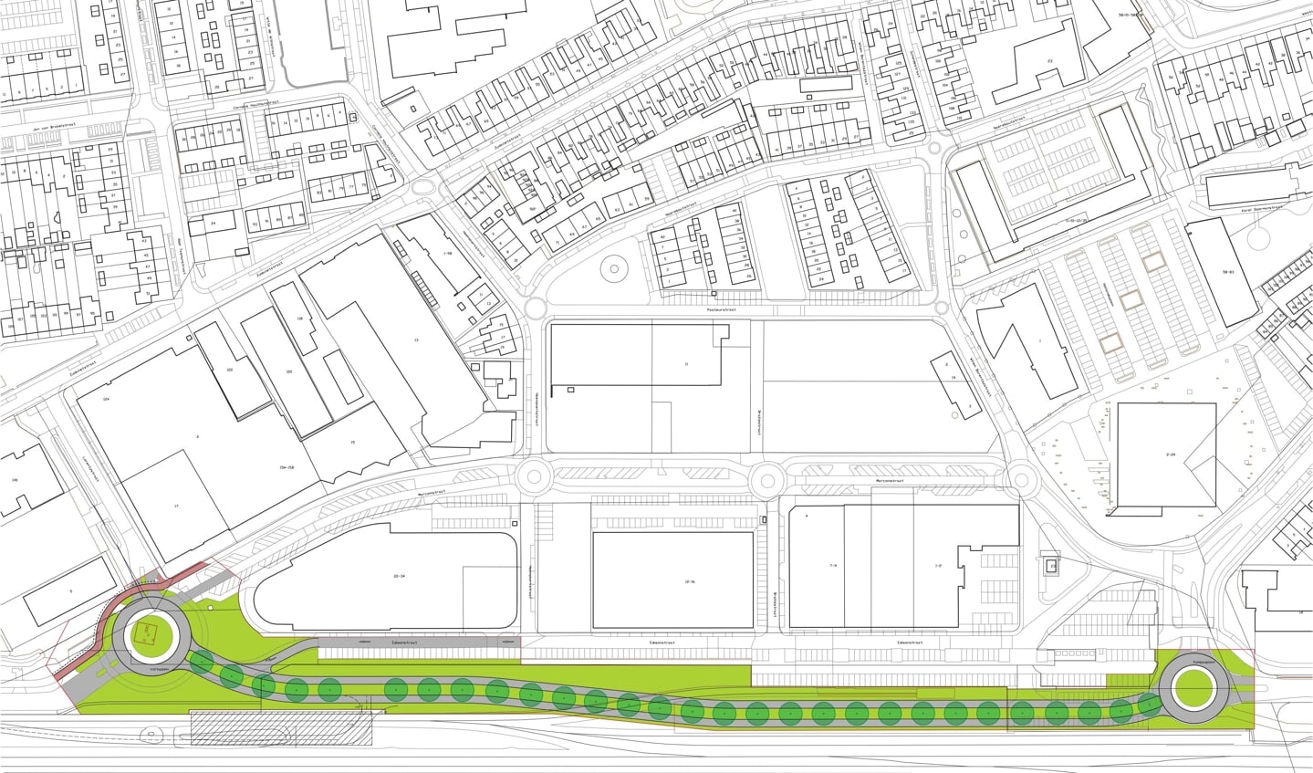 Een voorlopig ontwerp van de aanleg van het nieuwe deel Ringbaan-West langs het spoor.