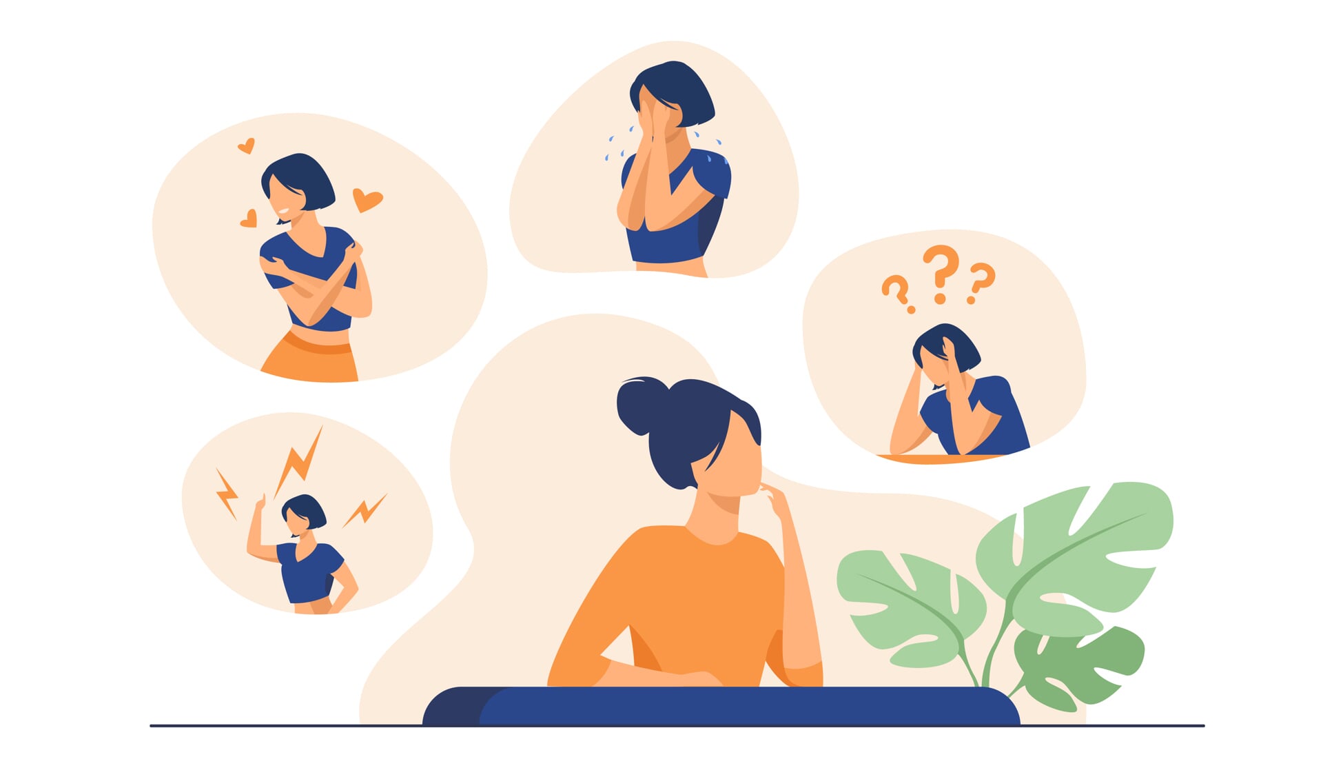 Woman expressing strong various feelings and emotions. Girl suffering from distracted behavior and mood changes. Vector illustration for mental disorder, psychology, stress, crisis concept