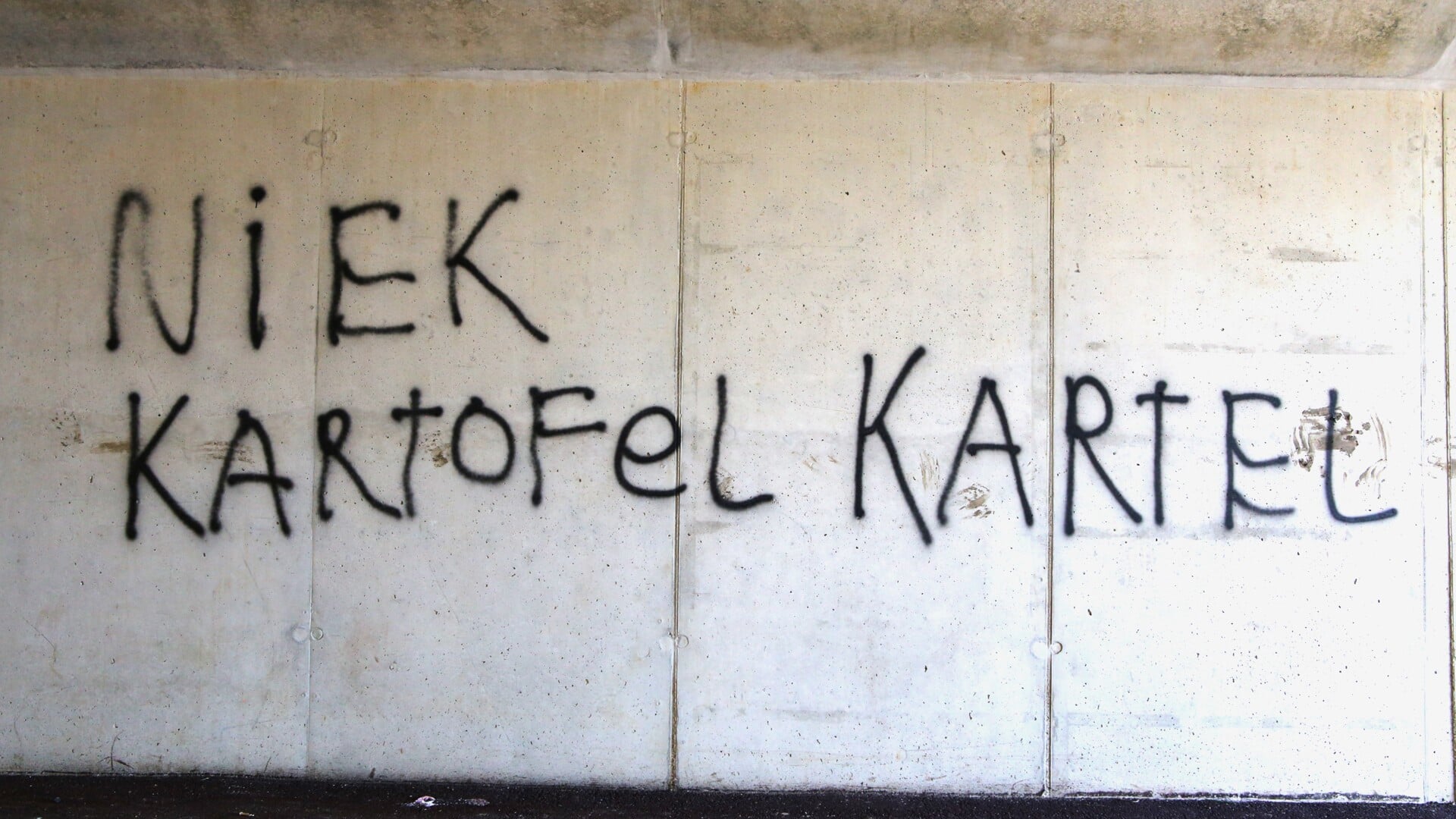De tekst 'Niek Kartofel Kartel' op de muur van de nieuwe fiets- en voetgangerstunnel.