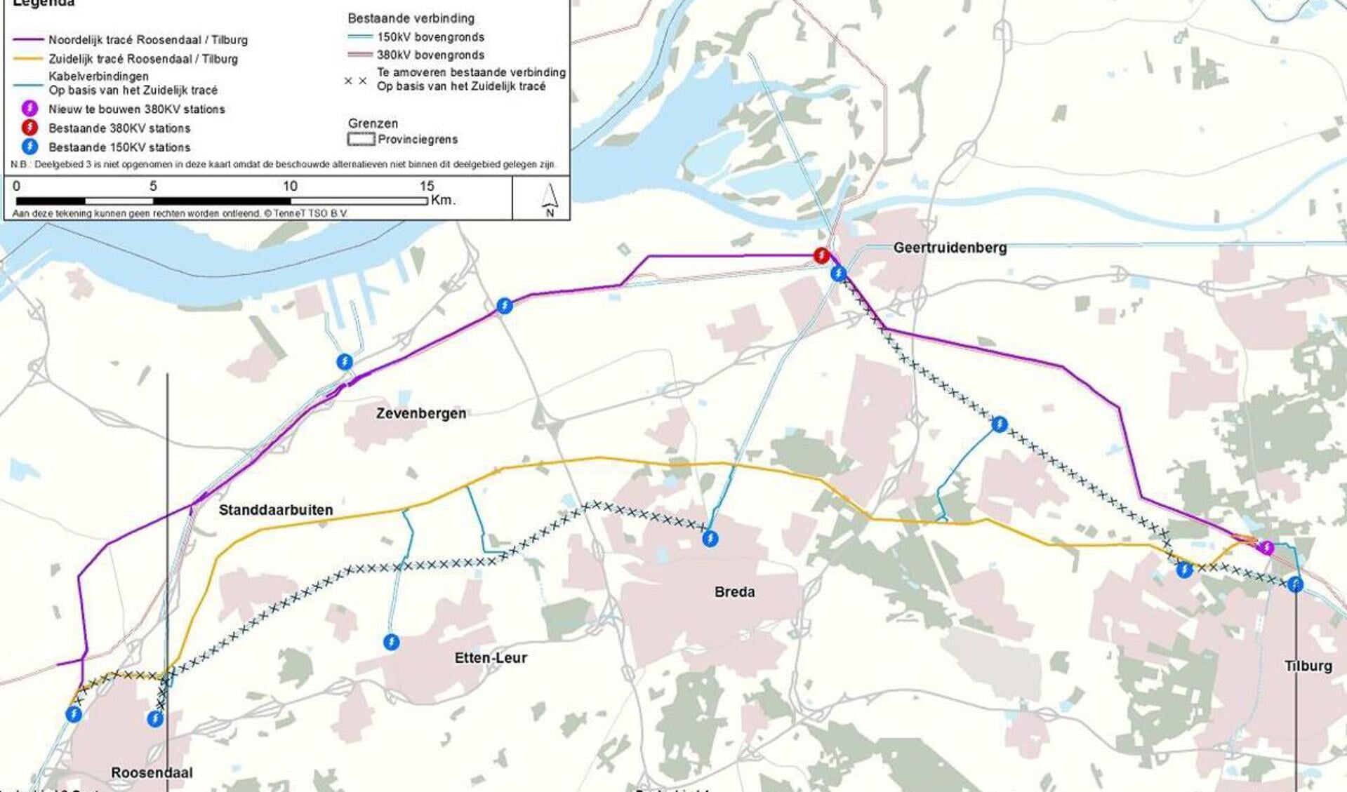 Kaart van het nieuwe tracé voor hoogspanningsleidingen in West-Brabant.