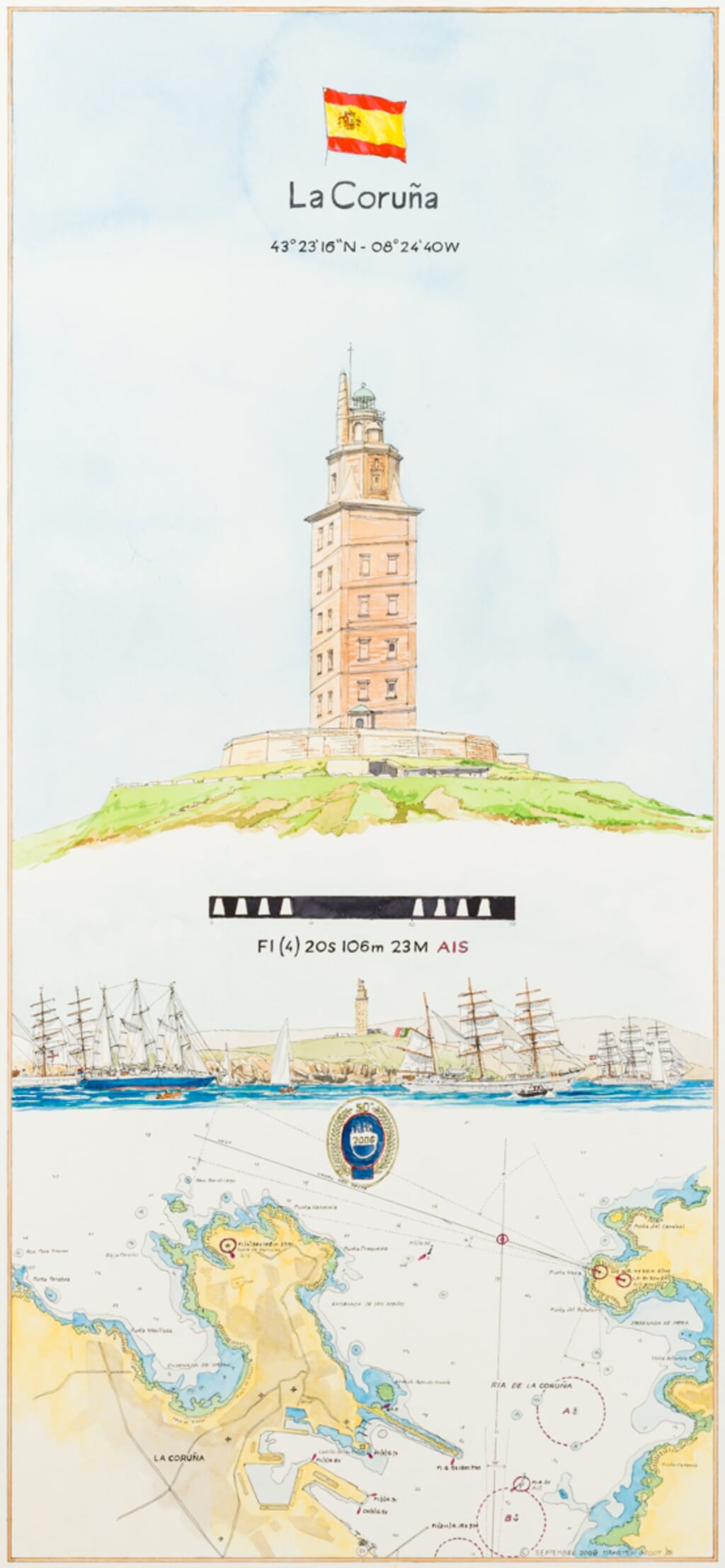 Torre de Hercules, pen/aquarel Maarten Groot