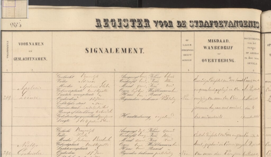 Uitsnede: Neeltje Gabrielse, gedetineerde in 1863, in het register van de strafgevangenis