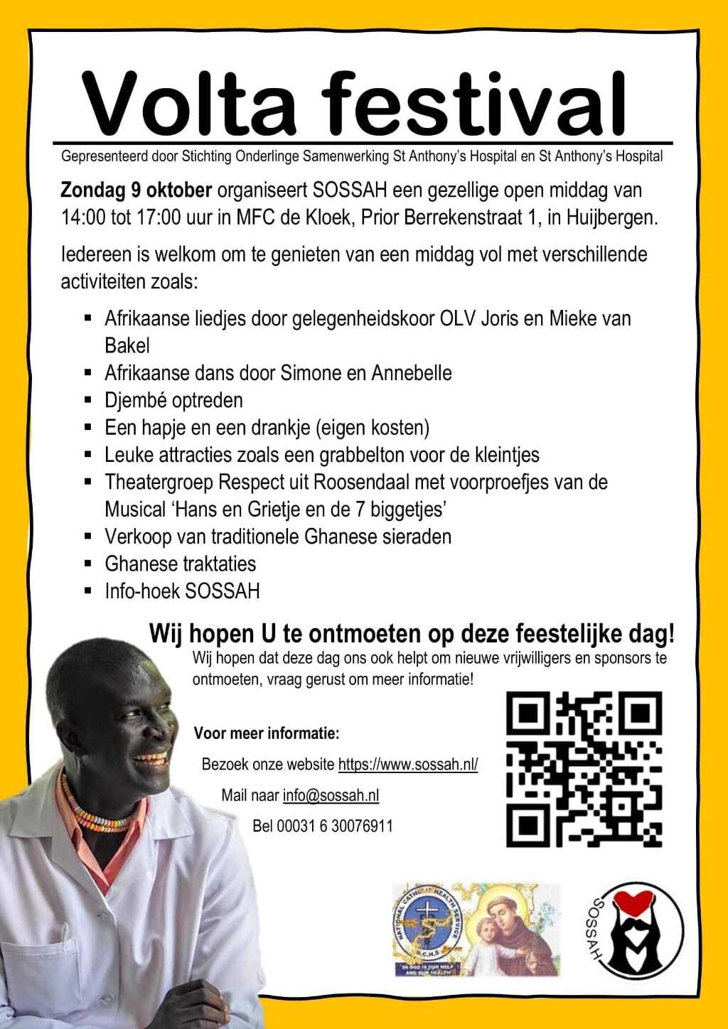 Programma Volta Festival, logo's SOSSAH en St. Anthony’s Hospital, qr-code gofundme inzamelingsactie en Dr. Petit, Ghanees orthopeed met Nederlandse snoepkettingen om zijn nek als arbeidsvitaminen.