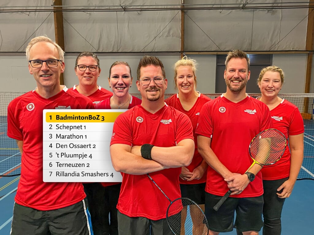 Het BadmintonBoZ-kampioensteam met v.l.n.r. Bart, Maartje, Patricia, Ramon, Manon, Jurgen en Jenny.