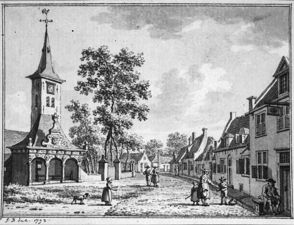 Het Viskot (links) en herberg De Swaene op het kerkplein in het Ovezande van 1793, naar een tekening van Jan Gerritse Visser.