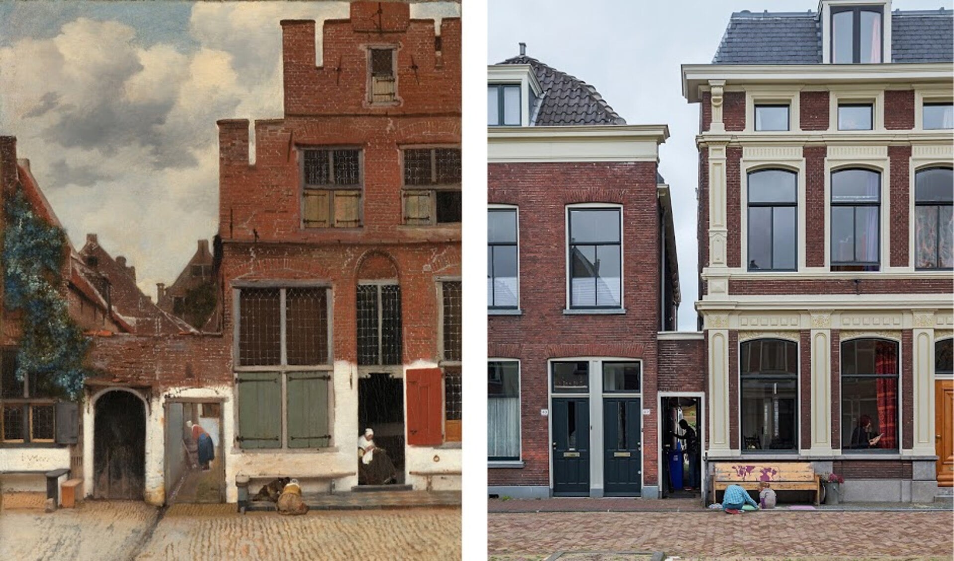 Het Straatje van Vermeer vroeger, in de 17de eeuw (links), en het Straatje van Vermeer nu (rechts). 