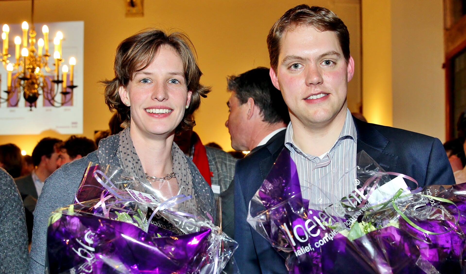 Joëlle Gooijer en Jabco Vreugdenhil, de twee fractieleden van de ChristenUnie, op de avond van de gemeenteraadsverkiezingen, in 2014. 