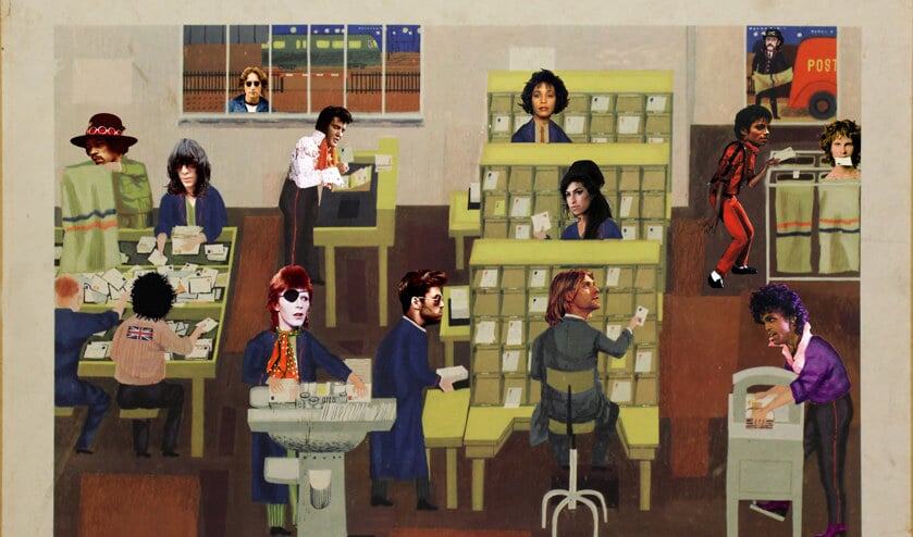 Van links naar rechts: Jimi Hendrix, Joey Ramone, Sid Vicious, John Lennon, David Bowie, Elvis Presley, George Michael, Whitney Houston, Amy Winehouse, Kurt Cobain, Michael Jackson, Lemmy Kilmister, Prince en Jim Morrison.