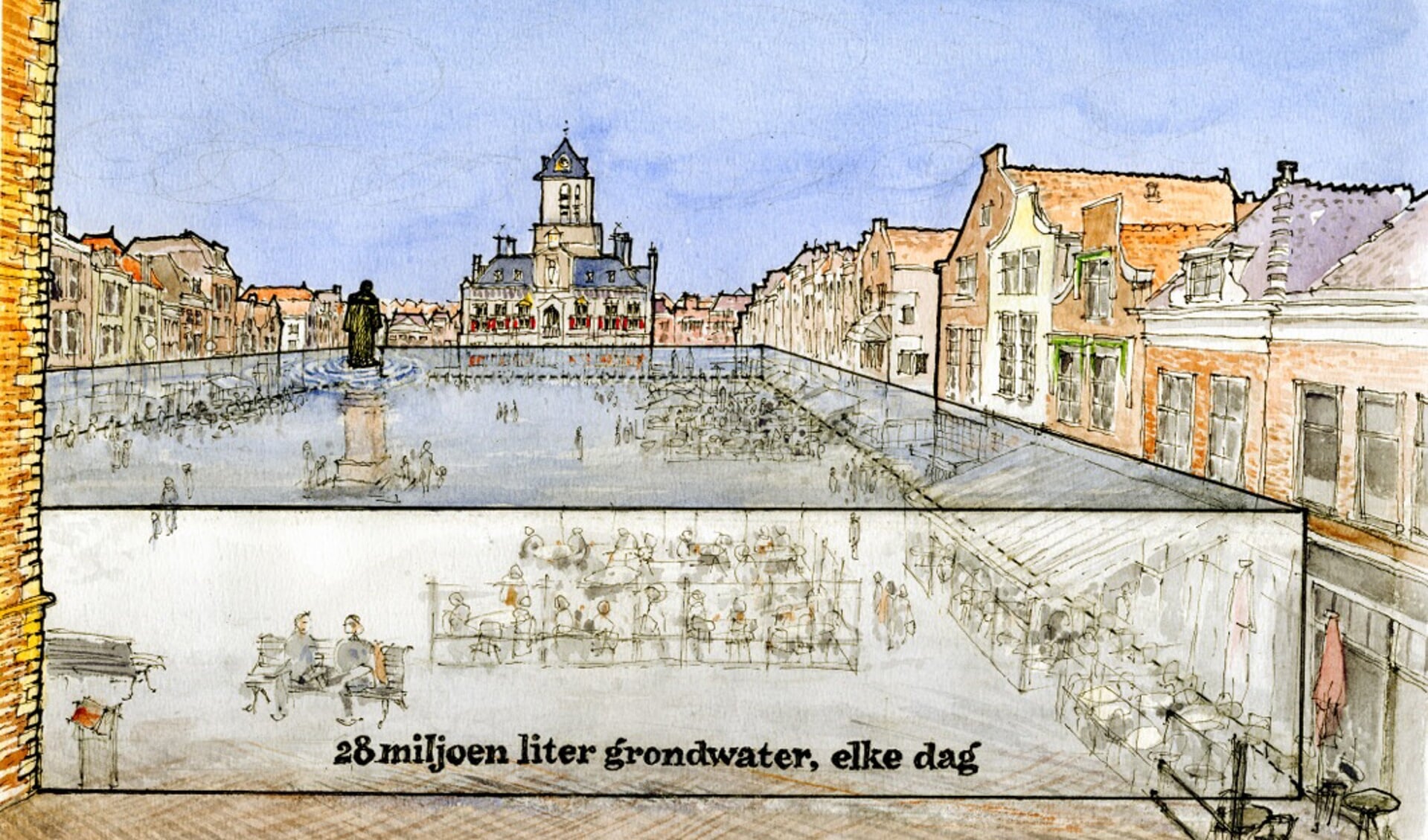 Nog elke dag wordt in Delft zo’n volle bak diep grondwater opgepompt. Hugo de Groot zou er op zijn sokkel tot aan zijn knieën in staan. (illustratie: Iwan Kriens)