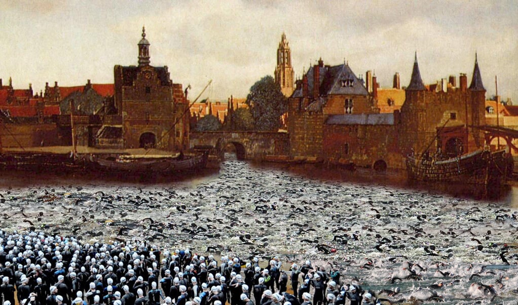 Op het werk 'Zicht op Kankervrij Delft' van René Jacobs persen duizenden zwemmers zich door de grachten van Delft. 