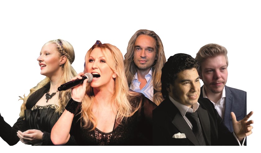 Toppers die tijdens het komende Kerstconcert in Delft in actie komen, met van links naar rechts Wendy Krikken, Petra Berger, Jan Vayne, Jorge Castro en Jasper Leever.