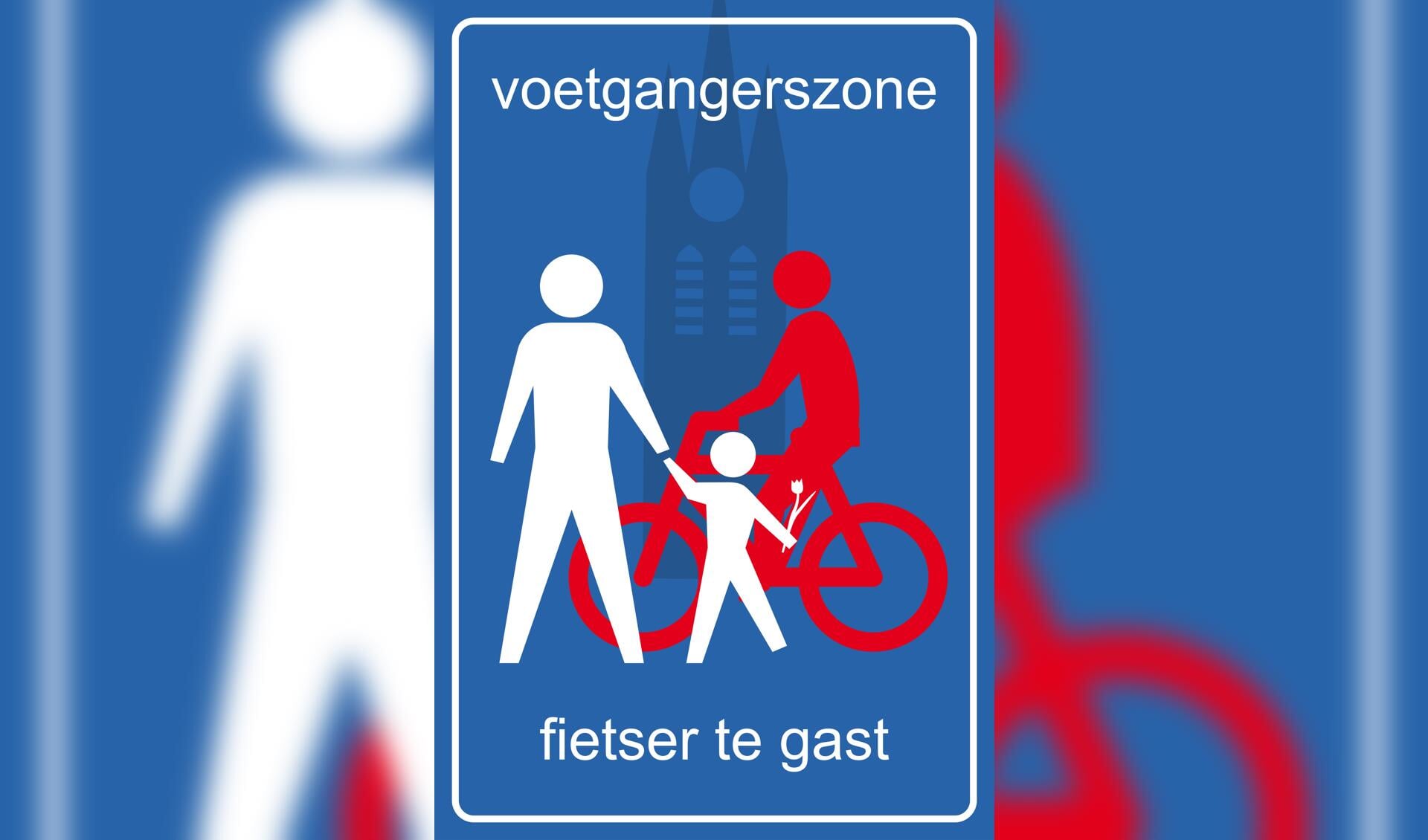 Een speciaal voor Delft ontworpen verkeersbord moet fietsers erop wijzen dat ze te gast zijn in het autoluwplusgebied. 
