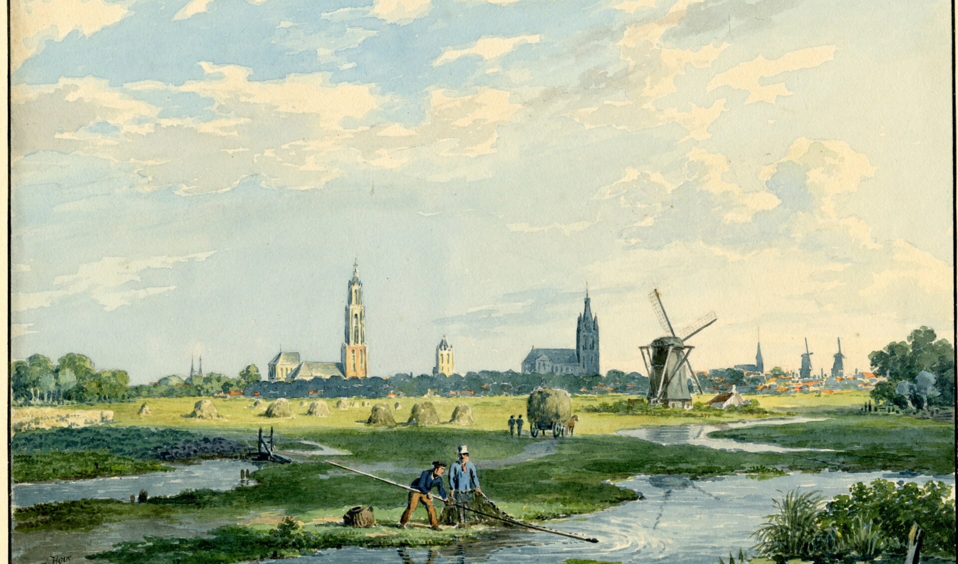 Delft gezien vanuit het noorden, circa 1830. (illustratie: Gemeentearchief Delft)