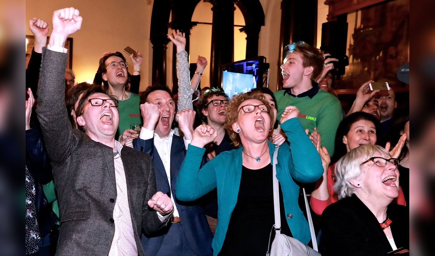 Enthousiasme bij GroenLinks: de partij wordt de grootste van Delft. 