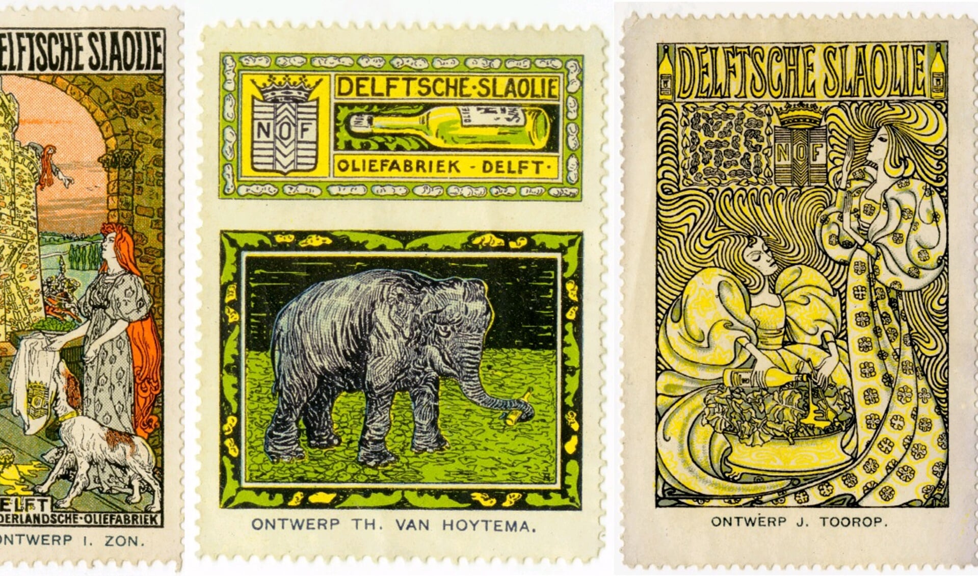 Een typisch Art Nouveau beeld: Sluitzegeltjes voor de ‘Delftsche Slaolie’ met ontwerpen van Theo van Hoytema en Jan Toorop voor de Nederlandsche Oliefabriek (Bron: Stadarchief Delft)