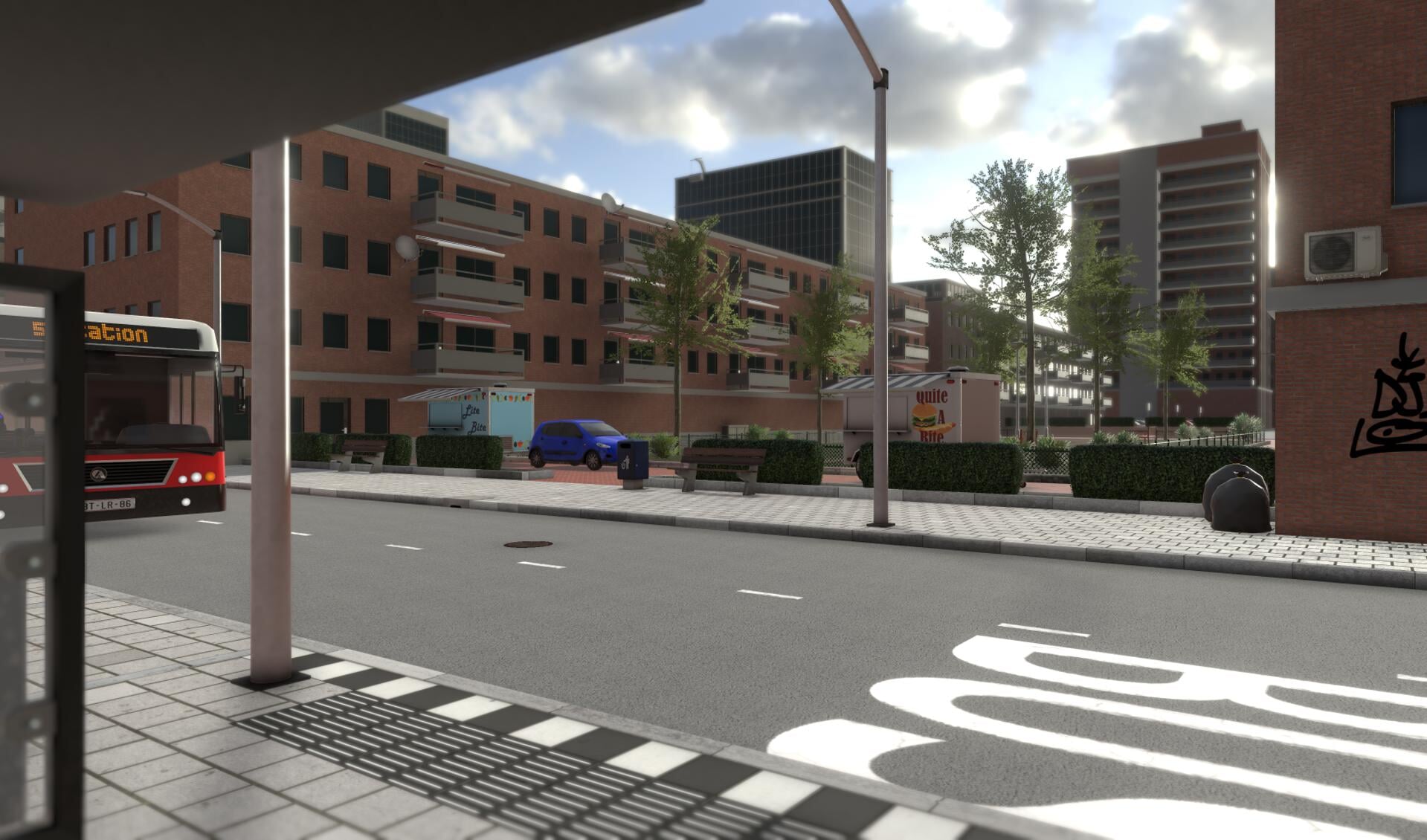 Een beeld uit de virtuele omgeving van een stad.