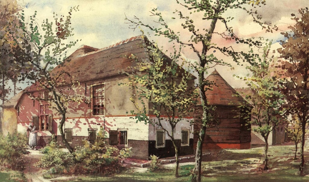 Een kleurrijke boerderijgevel in Schipluiden. Aquarel van Jan Verheul, 1931.