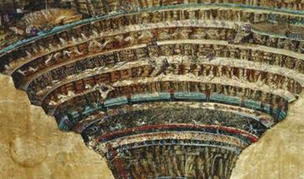 Eén van de 102 nauwgezette tekeningen van Botticelli waarmee hij Dantes beschrijvingen tot leven heeft gebracht.