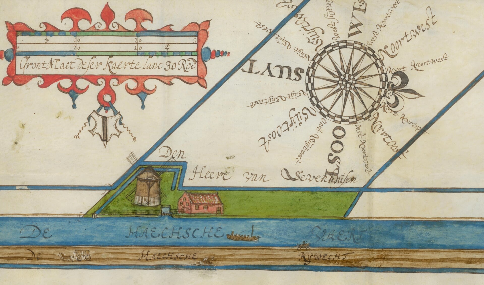De volmolen aan de Vliet op een kaart van Johan van Beest, 1632 (TMS 65715)