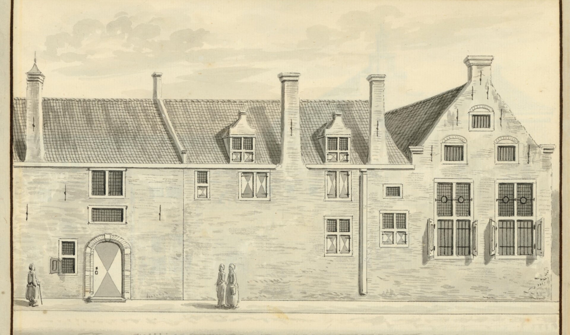 Het oude-vrouwenhuis aan de Schoolstraat door Abraham Rademaker, begin 18e eeuw. (TMS 5695)