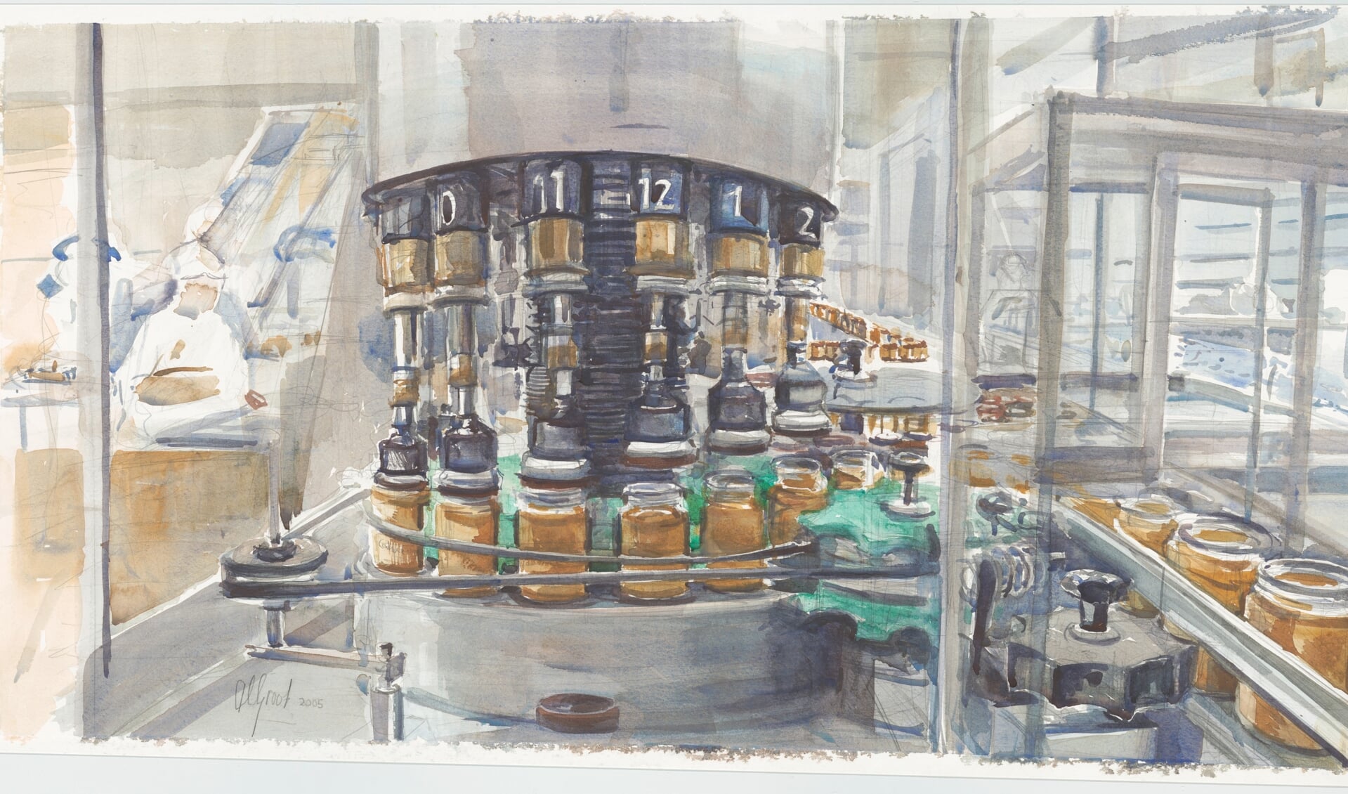 Anneloes Groot: aquarel van de lopende band in de Delftse Calvé-fabriek waarop potten pindakaas van een deksel worden voorzien, 2005. (TMS 133605)