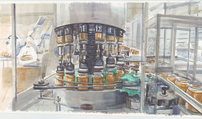 Anneloes Groot: aquarel van de lopende band in de Delftse Calvé-fabriek waarop potten pindakaas van een deksel worden voorzien, 2005. (TMS 133605)