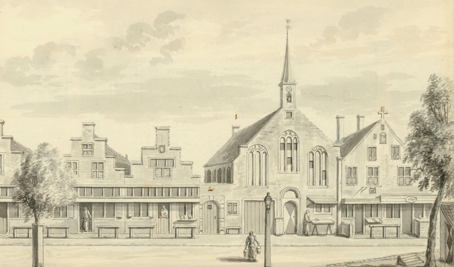 Het Dolhuis (nu de Lutherse kerk) aan het Noordeinde op een tekening uit de 18e eeuw. (TMS 5693)