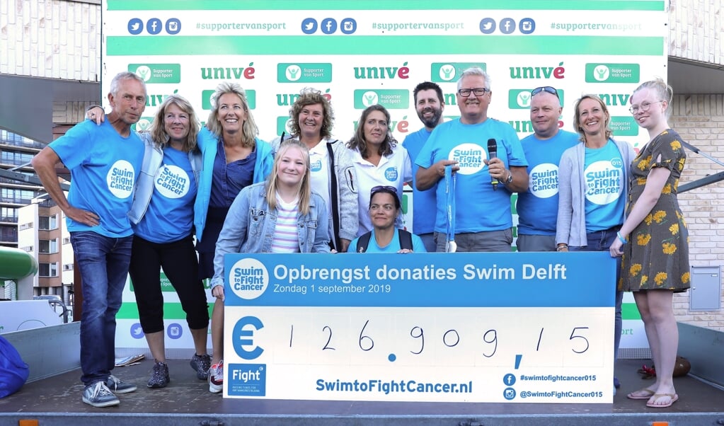 De organisatie van de 'Swim Delft' poseert trots met de cheque 