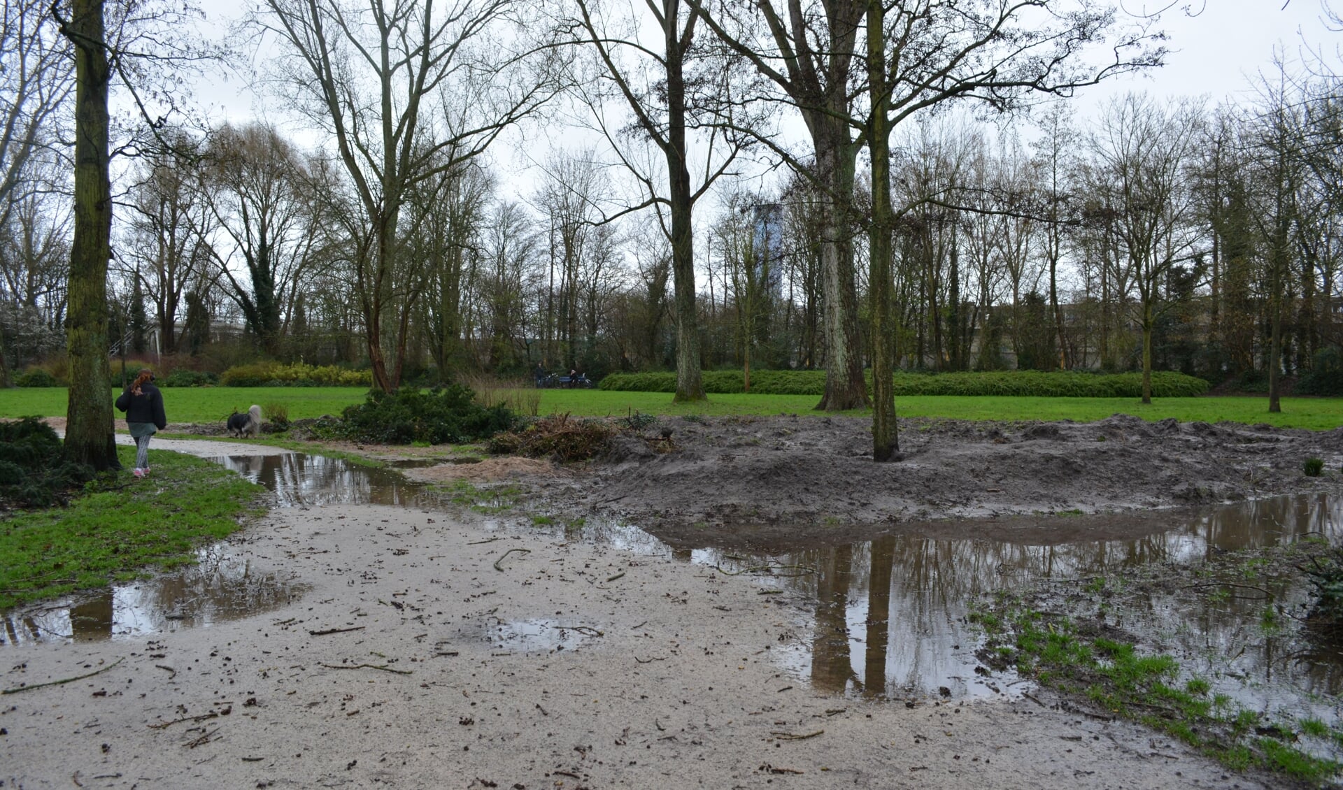 Na regenval zijn paden in het Wilhelminapark onbegaanbaar door plassen en blubber