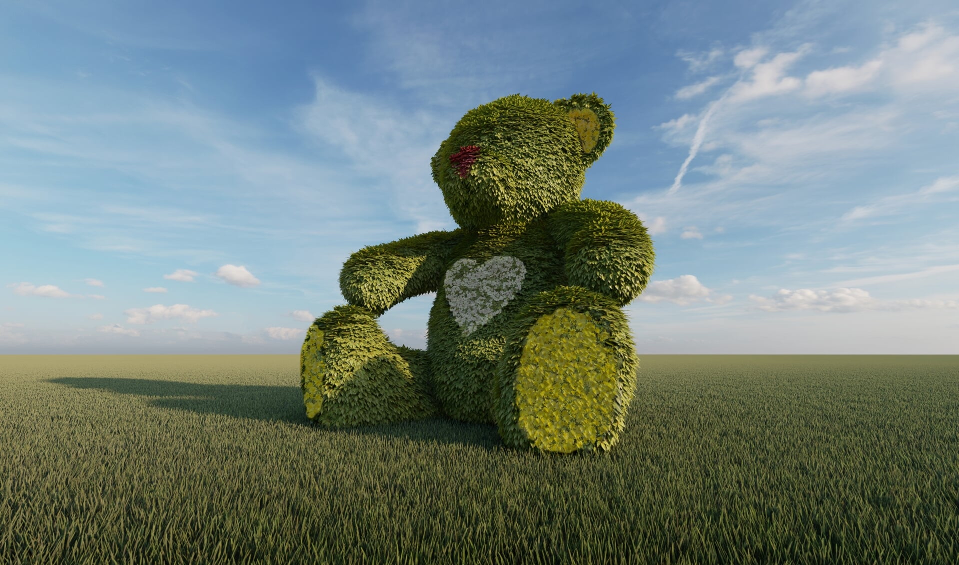 Deze groene beer met een vacht van plantjes, is een showcase voor de getroffen tuinbouw
