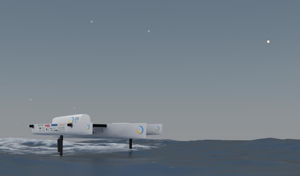 Fotorealistische afbeelding van hoe de waterstofboot eruit zal zien.