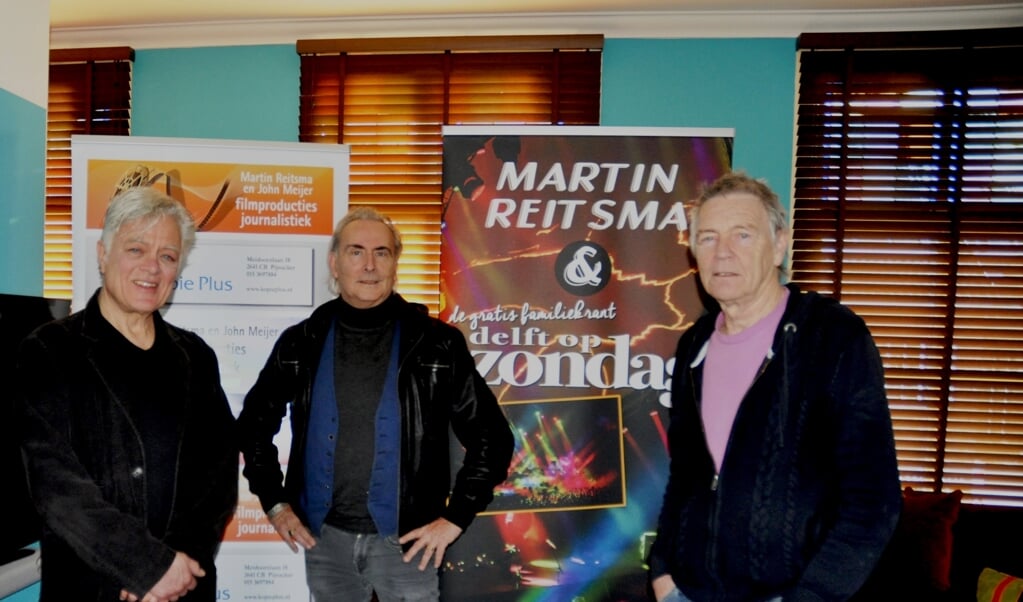 Robert Jan Stips, Martin Reitsma en Rinus Gerritsen tijdens filmopnames voor een van hun popdocumentaires 