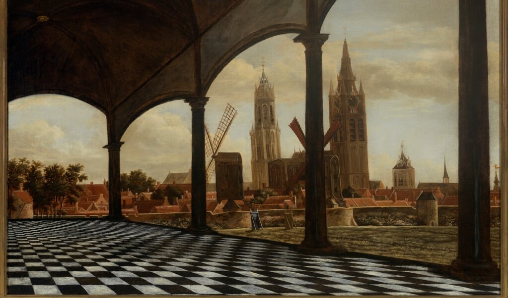 Daniël Vosmaer, Gezicht op Delft met een fantasieloggia, 1663, Museum Prinsenhof Delft, Bruikleen Rijksdienst voor het Cultureel Erfgoed 