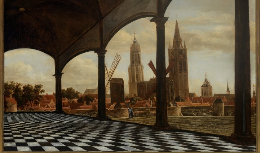 <p>Dani&euml;l Vosmaer, Gezicht op Delft met een fantasieloggia, 1663, Museum Prinsenhof Delft, Bruikleen Rijksdienst voor het Cultureel Erfgoed </p>  