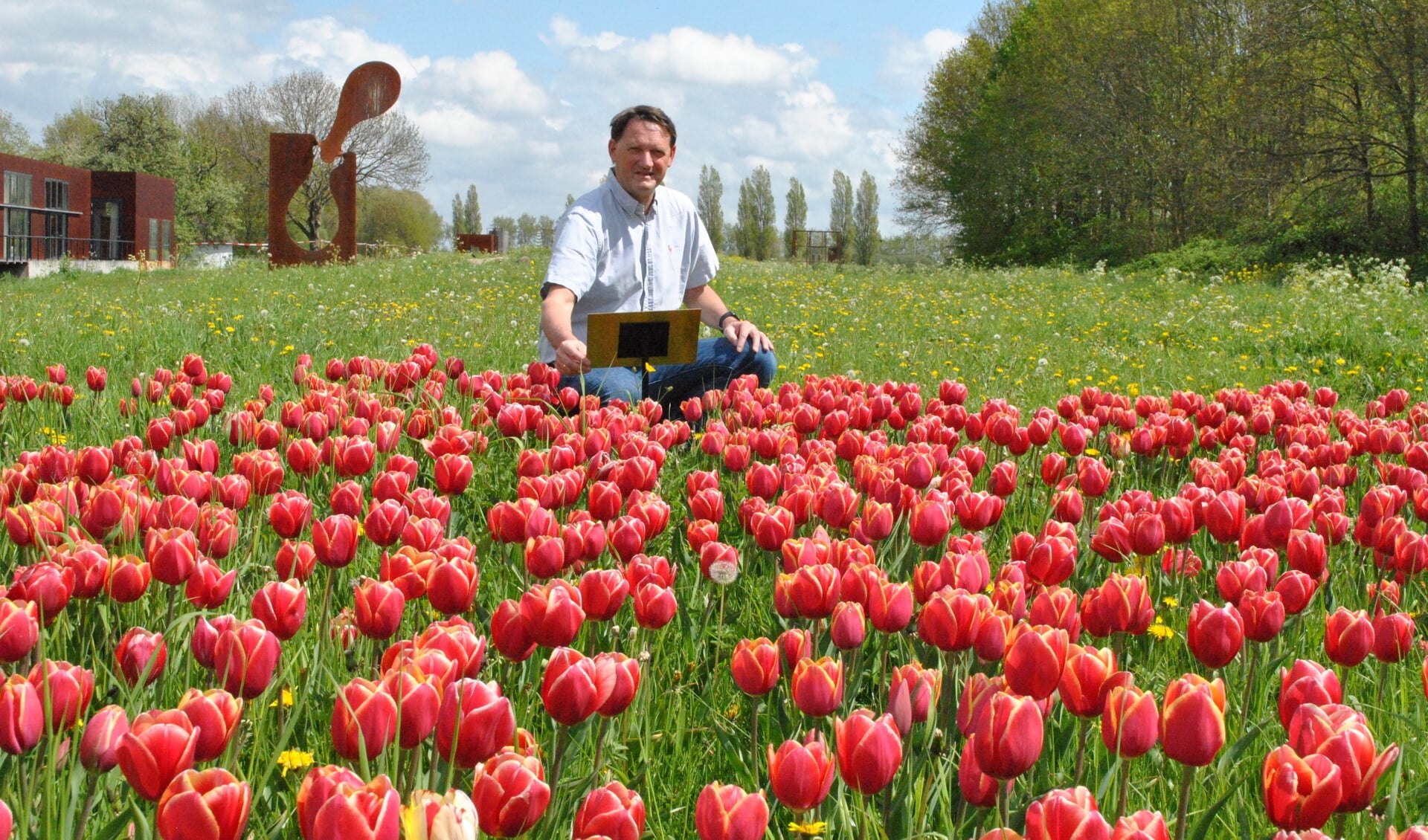 Voorzitter Hans Lodder bij het tulpenveldje, waar hij deze week een plaatje onthulde met daarop informatie over het doel van de tulpenactie 