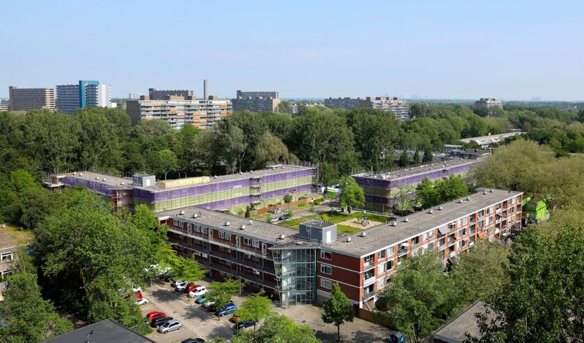<p>Een deel van het Rode Dorp staat momenteel in de steigers (Foto: Koos Bommelé)</p>