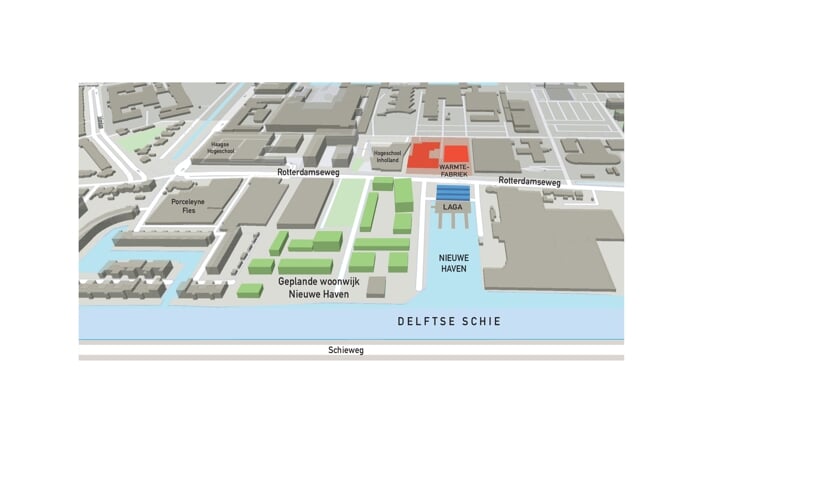 Overzicht van de drie bouwplannen rond de Delftse stadshaven. Rood de warmtecentrale van Geothermie Delft. Blauw de toekomstige huisvesting van roeiclub Laga. Groen de beoogde bouw van woonwijk Nieuwe Haven, met ook een groenzone. (Illustratie: Aad Derwort)