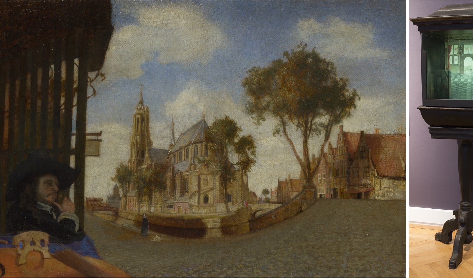 Gezicht op Delft, Carel Fabritius, 1654 Inzet linksboven: voorbeeld van trompe-l’oeil door Pere Borrell de Caso (1874)
Afbeelding rechts: voorbeeld van een perspectiefkast