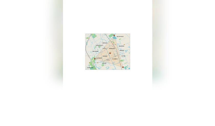 In diepe meetputten (rood), behangen met tientallen geophones, wordt nu al nauwkeurig geluisterd naar eventuele bevingen in de Delftse ondergrond. In het midden ook een meetput aan de Rotterdamseweg. (Infographic: Aad Derwort)