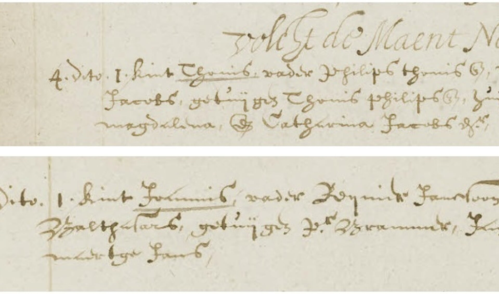 De doopinschrijvingen van Antoni van Leeuwenhoek (boven) en Johannes Vermeer (onder) 
staan vermeld op dezelfde pagina van het doopregister.