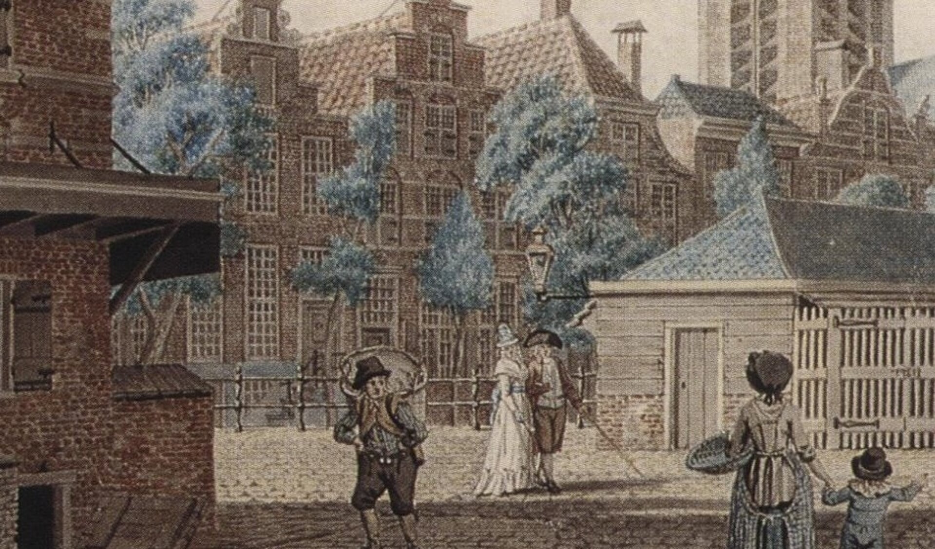 De meest linkse trapgevel is van “Het Gulden Hoofd”.  Fragment uit een werk van Isaac Ouwater 1785