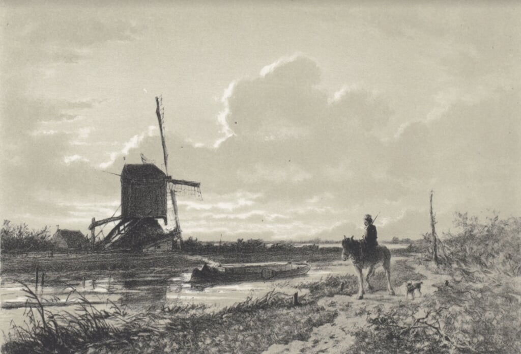 Jan Hendrik Weissenbruch, Landschap met ondergaande zon, 1867. Lithografie. Collectie Kunstmuseum Den Haag
